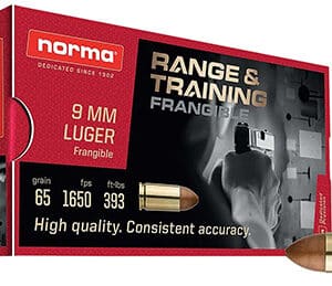 Norma 9mm Luger frangible ammunition box and bullets.