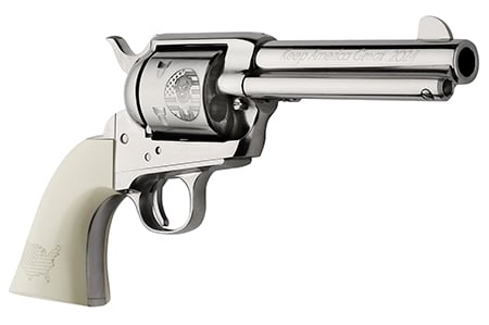Silver revolver with engraved grip and barrel