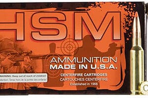 HSM ammunition box and bullet, Made in USA.