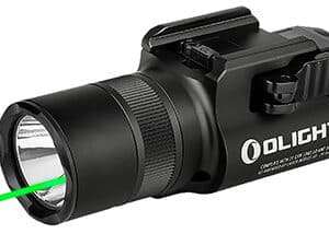 Tactical flashlight with green laser attachment.
