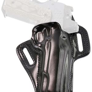 Black leather handgun holster with visible stitching.