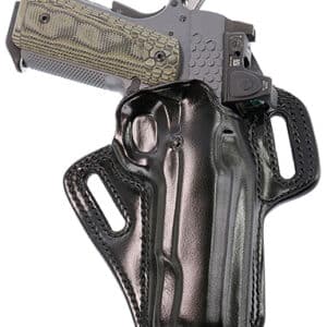 Handgun in black leather holster