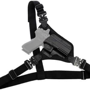 Black shoulder holster with handgun.