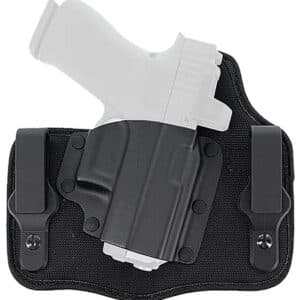 Black holster securing handgun model