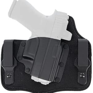 Black pistol holster with belt clips.