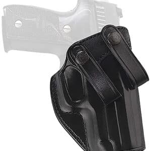 Black leather gun holster with firearm outline.