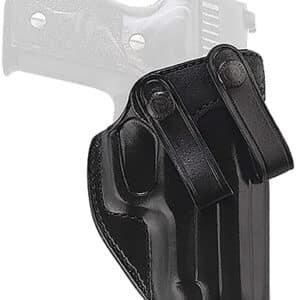 Black leather gun holster with double belt loops.