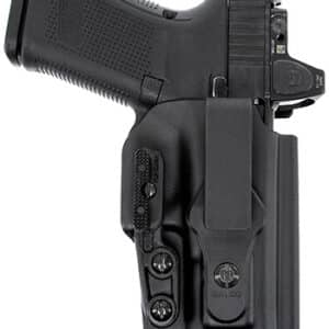 Black handgun in a holster with sight attachment.