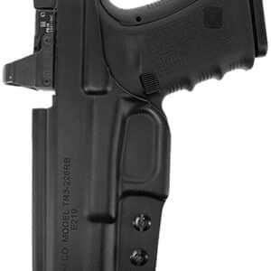 Black handgun in a holster, side view.