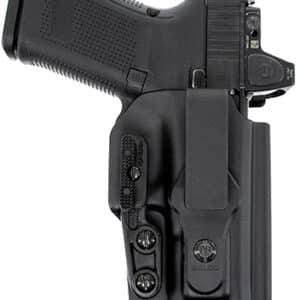 Black handgun in a holster