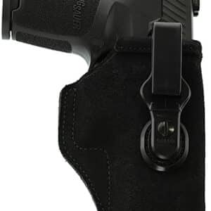 Pistol in black belt holster with clip