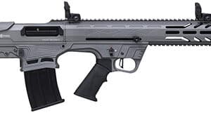 Gray tactical semi-automatic shotgun with magazine.