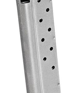 Silver gun magazine with black baseplate.