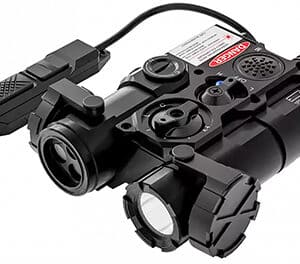 Black tactical laser sight with mount features.