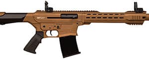 Brown tactical semi-automatic rifle with sight and magazine.