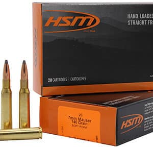 HSM 7mm Mauser rifle ammunition boxes and cartridges