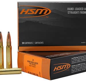 HSM ammo box with bullets, 8mm Mauser, 20 cartridges.