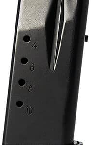 Black pistol magazine with orange follower.