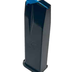 Black Kimber handgun magazine with blue follower