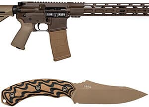 Tactical rifle and knife on white background.