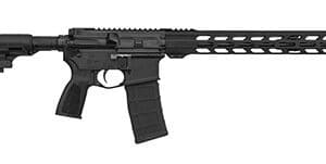 Semi-automatic modern rifle with magazine, black finish.