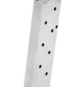 Metal handgun magazine with eight bullet holes.