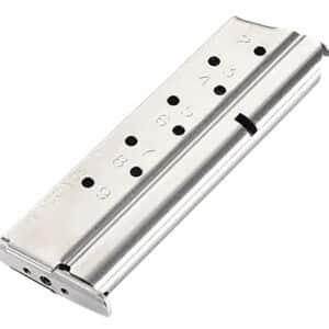 Stainless steel handgun magazine with numbered holes.