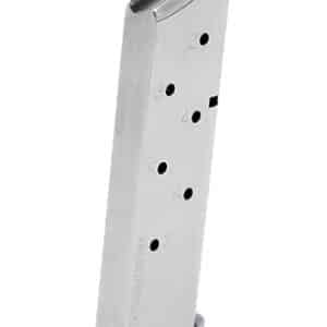 Silver pistol magazine with numbered holes.