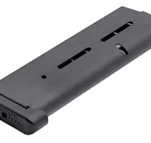 Black metal gun magazine for ammunition storage.