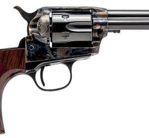 Classic revolver with wooden grip and metal barrel.