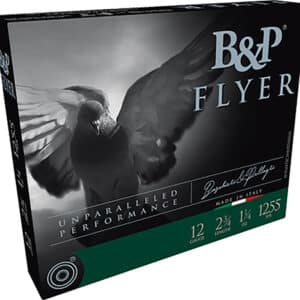 B&P Flyer shotgun shells packaging with a flying pigeon.