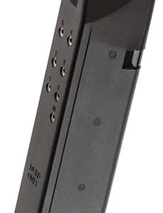 Black pistol magazine, standing upright on white background.