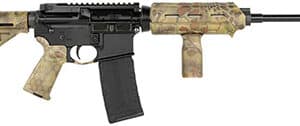Camouflage patterned assault rifle on white background.