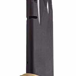 Black pistol magazine with tan base plate