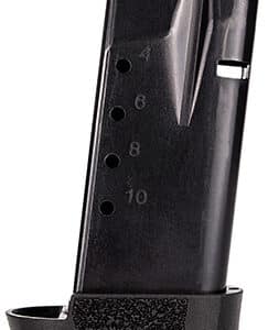 Black pistol magazine with blue follower, ten-round capacity.