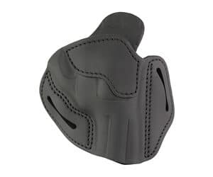 Black leather gun holster with stitching detail.