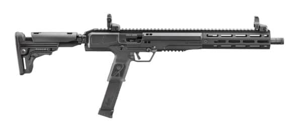 Black tactical-style rifle, side view.