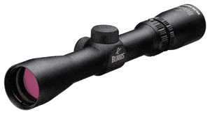 Black rifle scope with red-tinted lens.