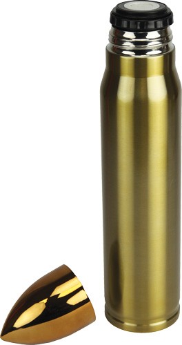 2012.jpg Golden bullet-shaped thermos flask with lid removed.