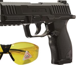 Airsoft gun set with glasses, pellets, CO2 cartridges.