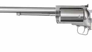 Large caliber silver revolver with long barrel