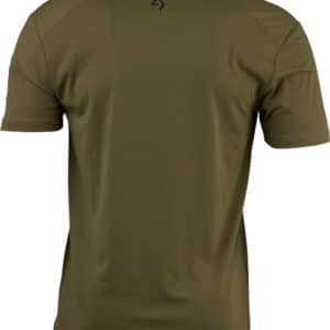 Olive green short sleeve t-shirt, rear view
