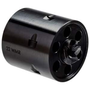 Black 22 WMR revolver cylinder component detailed close-up.