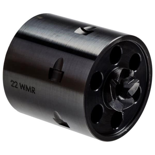 Black 22 WMR revolver cylinder component detailed close-up.
