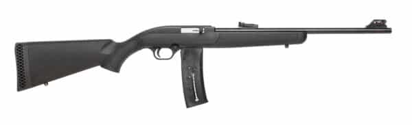 Black rifle on white background, right side view.