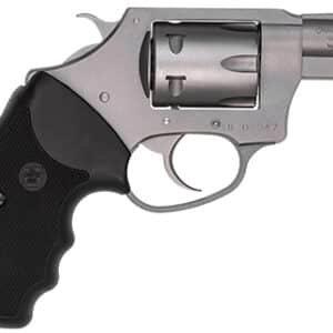 Silver revolver with black grip, firearm close-up