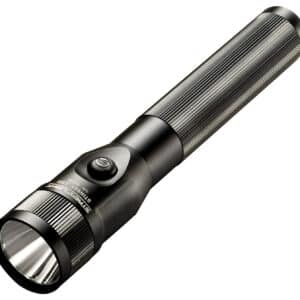 Black handheld LED flashlight on white background.