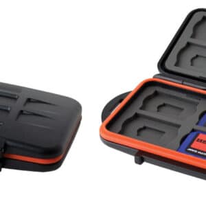 Black and orange SD card storage case open, closed