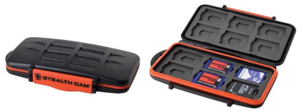 Black and orange SD card storage case open, closed