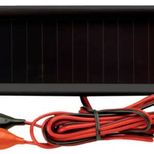 Solar battery charger with alligator clips and wires.